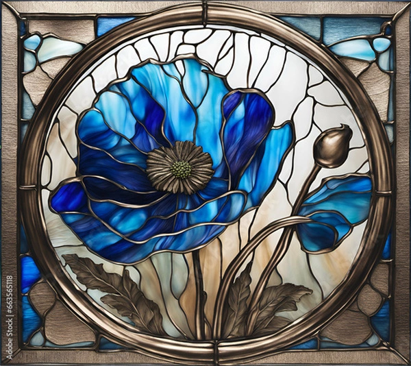 Fototapeta Bright colored blue poppy flower, abstract painting in stained glass style