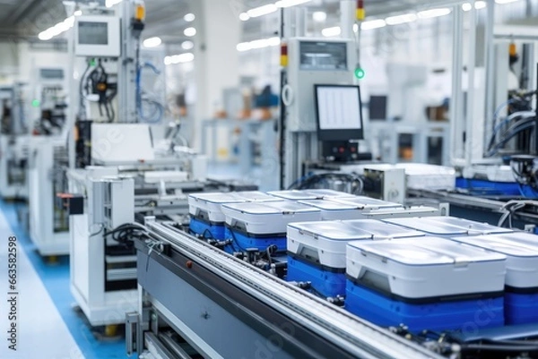 Obraz A busy factory floor with machinery and stacked boxes