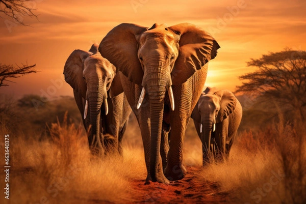 Fototapeta Adult elephant on african savannah in sunset. Created with Generative AI