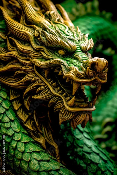 Fototapeta Green Chinese dragon wooden sculpture. Sign of Chinese New Year 2024. Mythological creature. Green fantasy dragon.