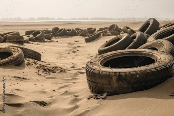 Fototapeta Worn-out and soiled vehicle tires abandoned on sandy surface. Generative AI