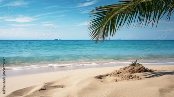 Fototapeta An abstract perspective offers a unique view of a sandy beach, with a solitary palm tree standing as an emblem of tropical tranquility