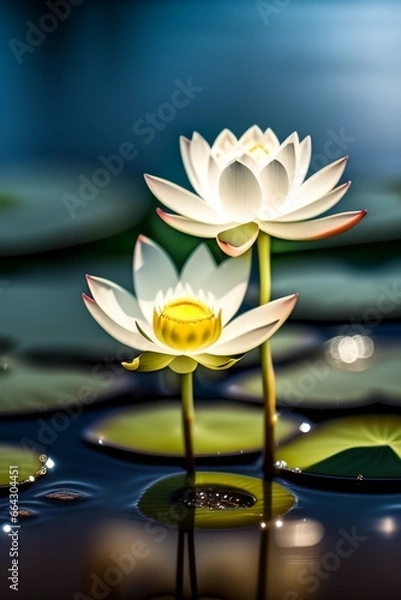 Fototapeta lily a beautiful white lotus flower , in a clear morning with water plants, 4k, photo