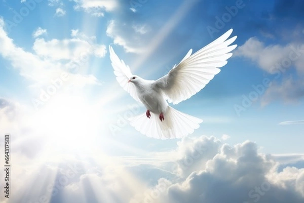 Fototapeta a white dove flying over the sun in a cloudy sky, in the religious style. Generative AI