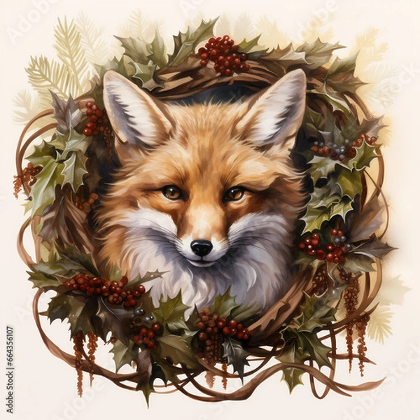 Obraz Watercolor portrait of a fox in a wreath of flowers. painting of fox in a wreath of leaves and berries. Christmas wreath with foxes and pine cones.