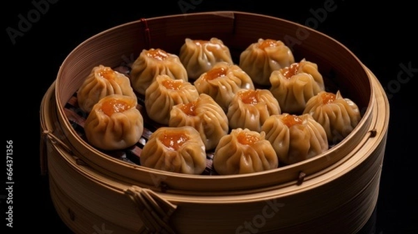 Obraz Steamed dumplings emerge from a bamboo basket.