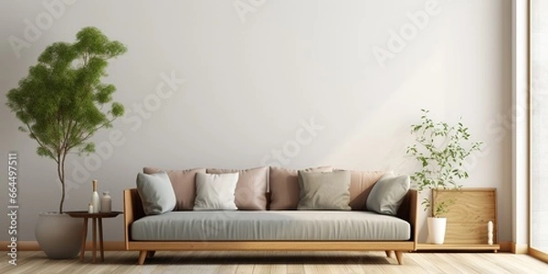 Fototapeta Interior living room wall mockup with light grey, brown and wood sofa and decor on white background.