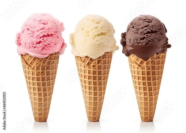 Fototapeta Chocolate, vanilla and strawberry Ice cream in the cone on white background.