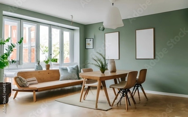 Fototapeta Sofa and chairs near wooden table against window. Scandinavian style interior design of modern dining room with pastel green wall with frames