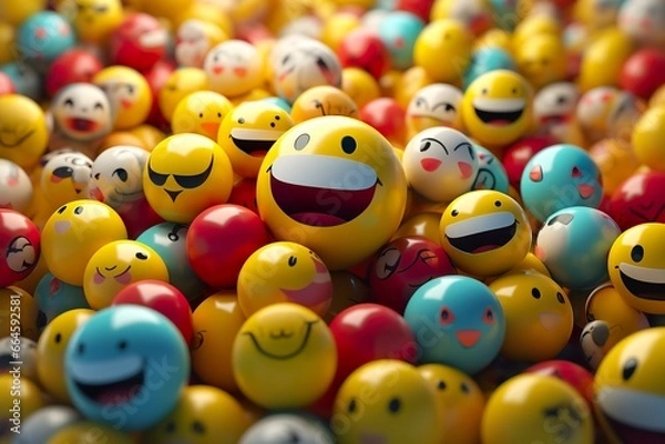 Fototapeta Happy and laughing emoticons 3d rendering background, social media and communications concept.