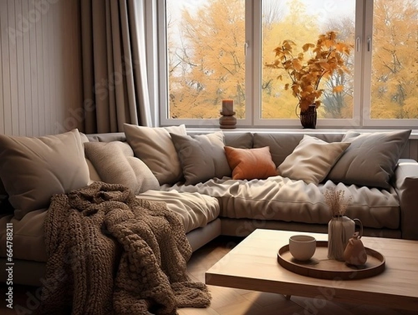 Fototapeta Cozy autumn winter living room interior with gray sofa and bright pillows generative ai