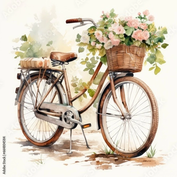 Obraz Watercolor bicycle with flowers in the basket isolated on white background.