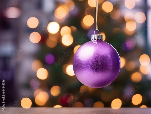 Fototapeta Close up of a purple mock up Christmas ornament hanging on a tree, blurred lights background	