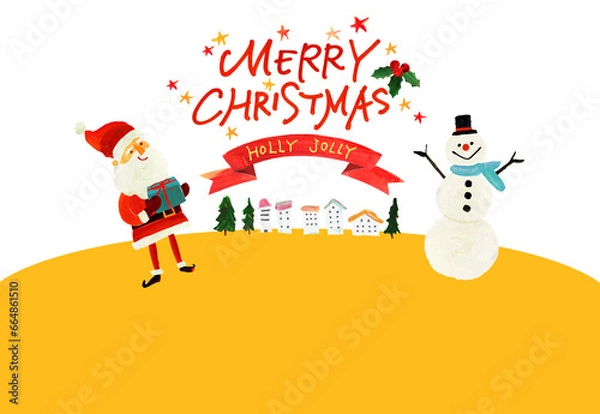 Fototapeta Illustration depicts a stylish hand-drawn Christmas scene with handwritten words "MERRY CHRISTMAS" and "HOLLY JOLLY" and a red ribbon.