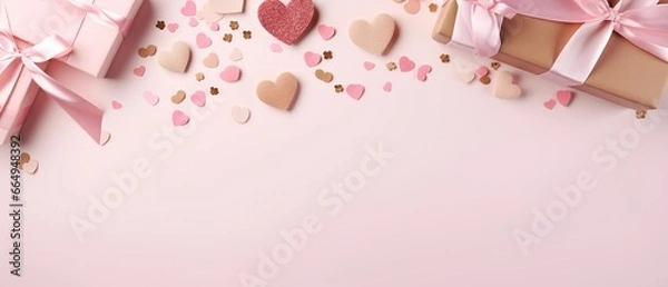 Fototapeta Elegant Valentine's Day Flat Lay with Heart Confetti and Gifts