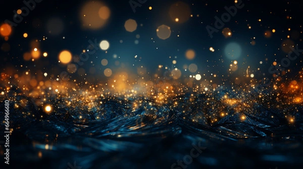 Fototapeta Golden Elegance: Abstract Dark Blue Background with Glistening Gold Particles, a Captivating Blend of Christmas Light Shine and Festive Bokeh