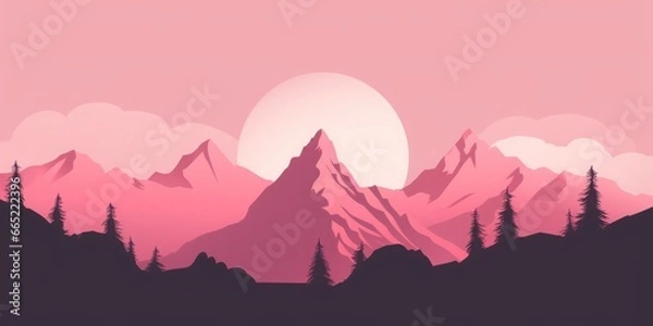 Fototapeta Captivating landscape featuring soft pink mountains rising behind a lush green forest.