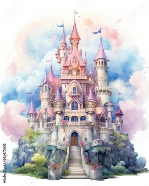 Fototapeta Colorful watercolor kawaii castle isolated on white background.