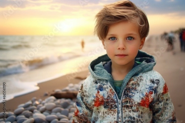 Fototapeta A young boy stands on a beach next to the vast ocean. This picture can be used to depict the joy of childhood, family vacations, or the beauty of nature