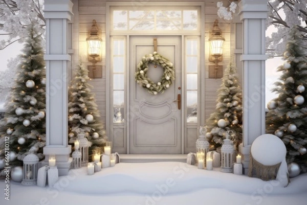 Fototapeta Festive Christmas Front Door - Decorated Porch with Little Trees and Lanterns. Winter Wonderland Snowscape for a Picture-perfect Home.