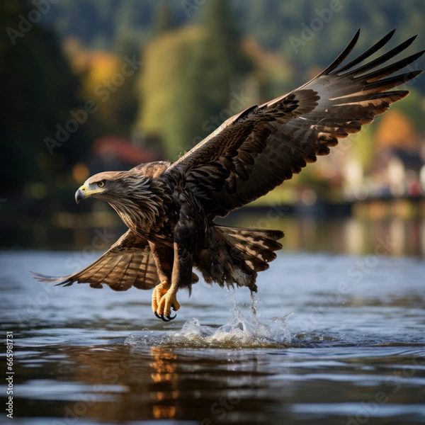 Fototapeta A hawk soaring above a lake 
