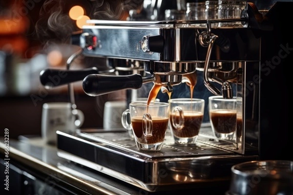 Fototapeta Espresso extraction from carob type professional coffee maker, close-up view.