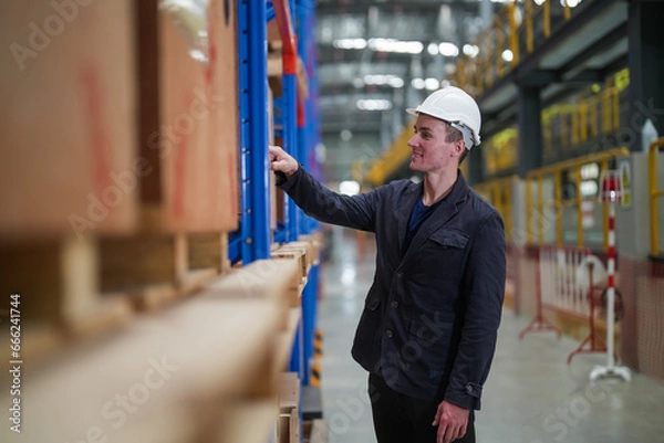 Fototapeta Portrait of engineer and apprentice in workshop of railway engineering facility