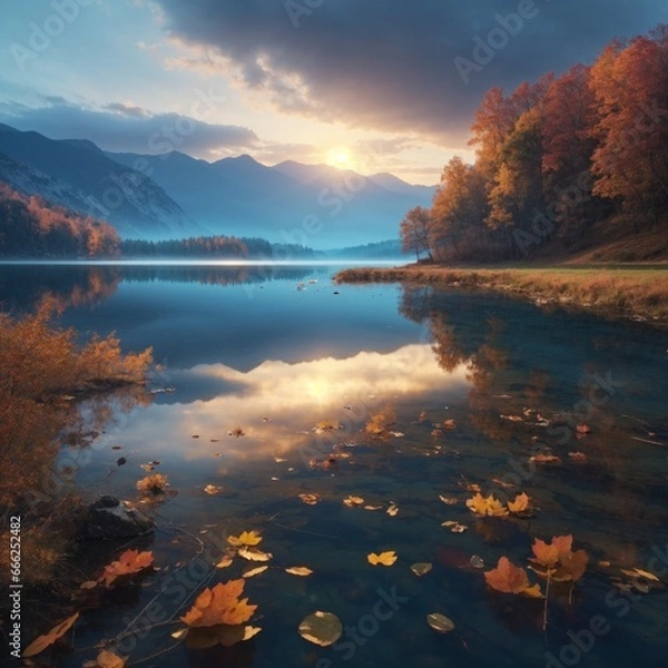 Fototapeta Autumn Lake Scene, AI Generated