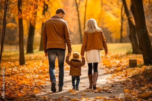 Fototapeta View from the back of the caucasian family walking in the park autumn fall leaves in the ground and trees