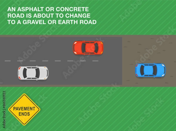 Fototapeta Safe driving tips and traffic regulation rules. An asphalt or concrete road is about to change to a gravel road. Top view of a traffic flow. Flat vector illustration template.