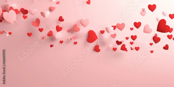 Obraz Red and pink flying hearts on pink background. Design for Valentine's day, women's day, mother's day.