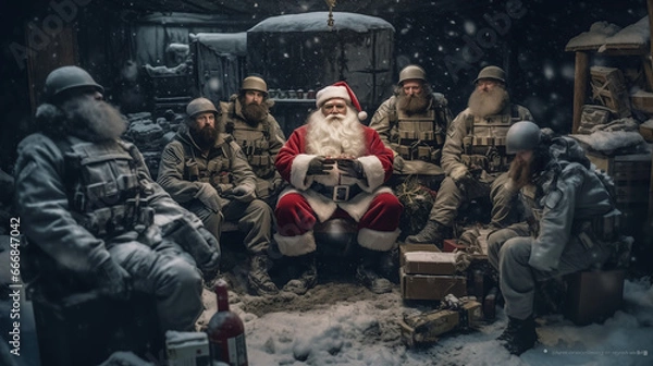 Fototapeta 16:9 Photography Santa Claus delivers gifts during wartime in trenches and bunkers.generative ai