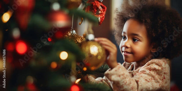 Fototapeta African-American child engrossed in decorating a Christmas tree, holding a gleaming ornament.