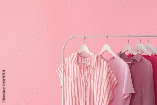 Fototapeta Rack with different stylish women's clothes on pink background. Space for text