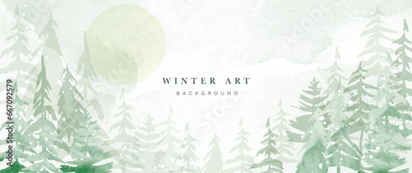 Fototapeta Winter background vector. Hand painted watercolor, mountain with snow, pine forest, moon hand drawing. Design for wallpaper, wall arts, cover, wedding, decoration, banner.