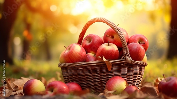 Fototapeta A beautiful basket stands out against the sunset filled with apples in an autumn park. Warm-hued apples of the season in a charming portrait of the bounty of the harvest.