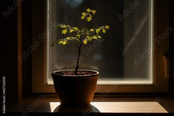 Fototapeta A mini tree in a pot on a window sill, lit by sunlight with a shadow. Generative AI