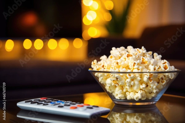 Fototapeta Television remote control popcorn bowl