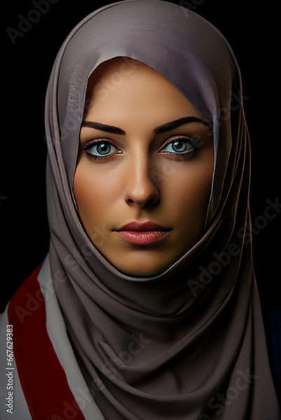 Fototapeta Portrait of Muslim woman in hijab on dark background. Close-up.