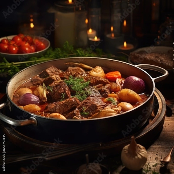 Fototapeta A pot filled with meat and vegetables placed on top of a table. This image can be used to showcase homemade cooking or for food-related themes.