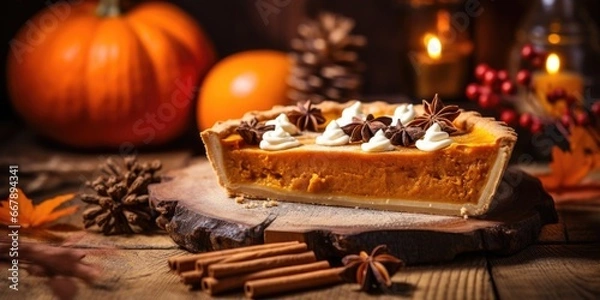 Fototapeta Hazy, warmtoned image featuring a slice of pumpkin pie served on a rustic wooden board, surrounded by autumnal elements like dried orange slices and cinnamon sticks. The photo exudes a cozy,