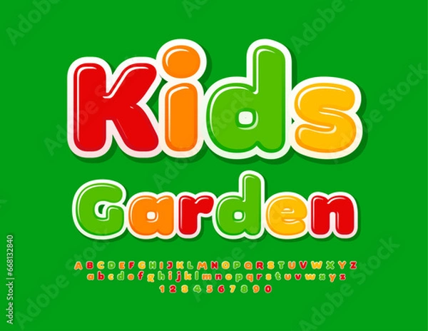 Fototapeta Vector advertising template Kids Garden. Bright Glossy Font. Artistic Alphabet Letters and Numbers set