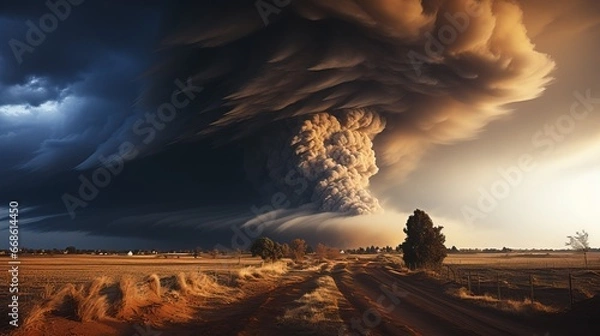 Fototapeta A powerful tornado in an open field. A unique moment of a natural phenomenon, the power of the elements. A whirlwind lifted into the dark sky, framed by clouds. A dramatic. Catastrophic event.