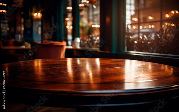 Fototapeta Classic wooden table of cozy restaurant. Space for product. Elegant and select restaurant table.