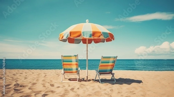 Fototapeta Empty sandy beach with umbrella and chairs. Generation AI