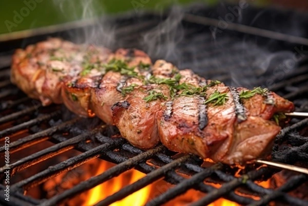 Fototapeta close-up of lamb chop being seasoned on a grill