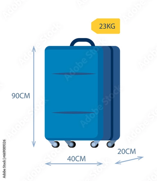 Fototapeta Baggage allowance. Wheeled suitcase with dimensional arrows weight tag. Weight and size of luggage allowance. Hand luggage requirements for air travel. Vector illustration.