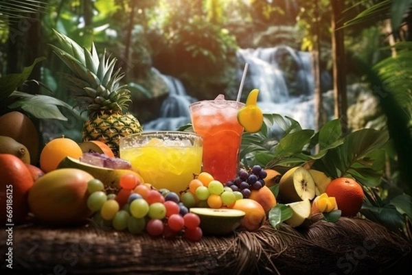 Fototapeta Tropical fruits on the beach with beautiful waterfall in the background