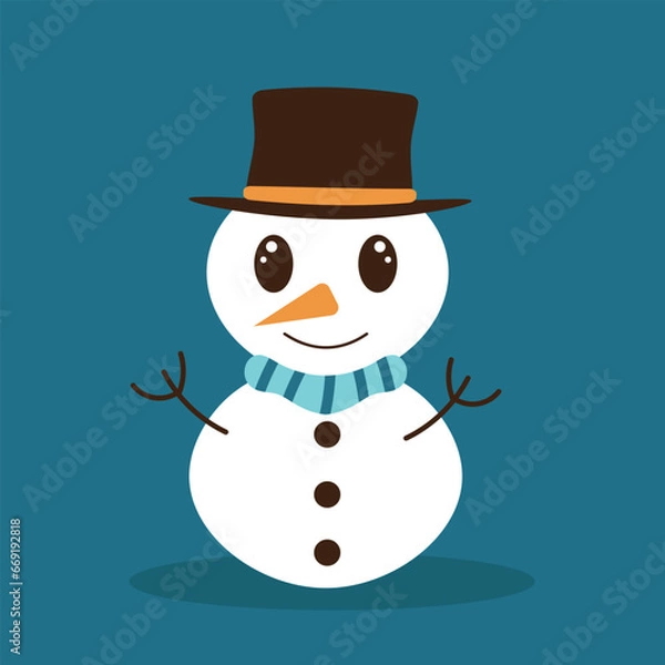 Fototapeta Snowman in flat style on a blue background. Winter symbol, icon. Design element for Christmas or New Year cards.