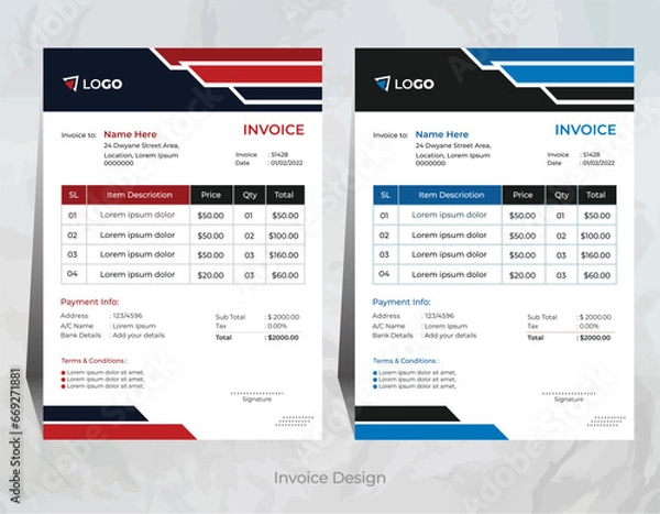 Fototapeta Vector creative and modern invoice design with 2 different color, corporate invoice design template,